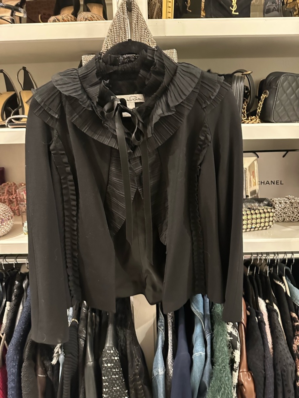 Oscar de la Renta Black Pleated Ruffle Tie-Neck Jacket